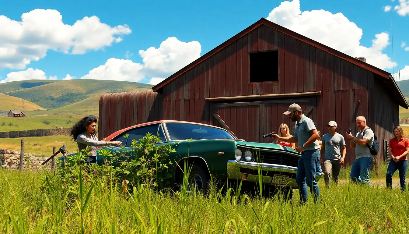 enthusiasts discovering a classic car near a rustic barn.