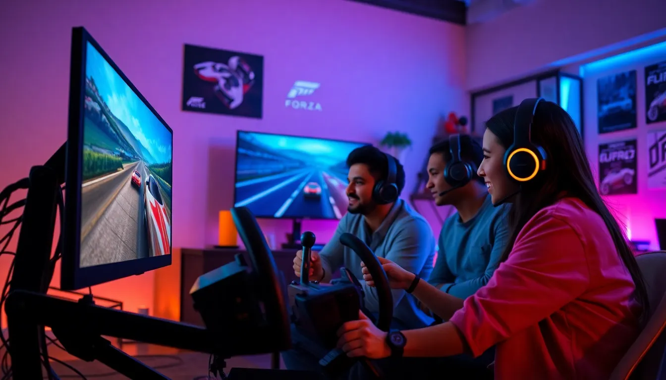 diverse group enjoying the next Forza game in a modern gaming setup.