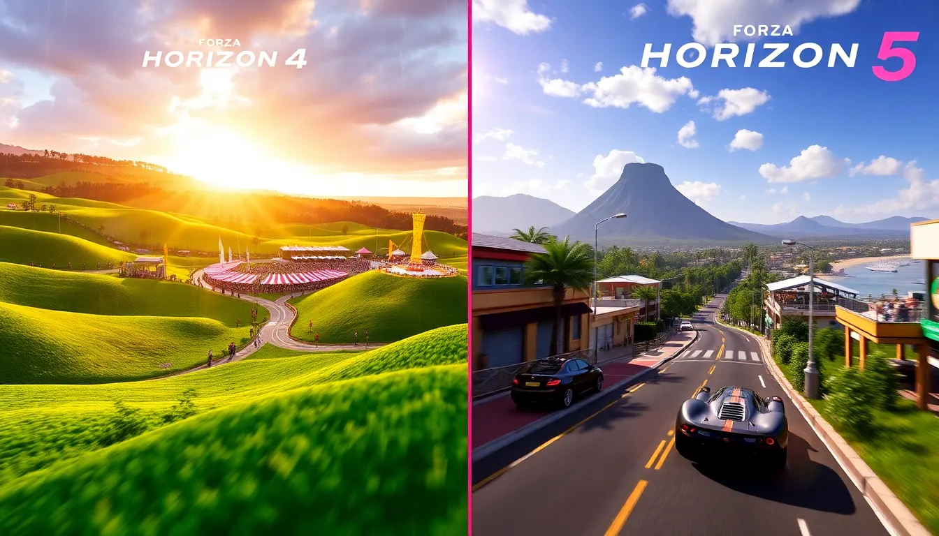 comparison of Forza Horizon 4 and Forza Horizon 5's landscapes.
