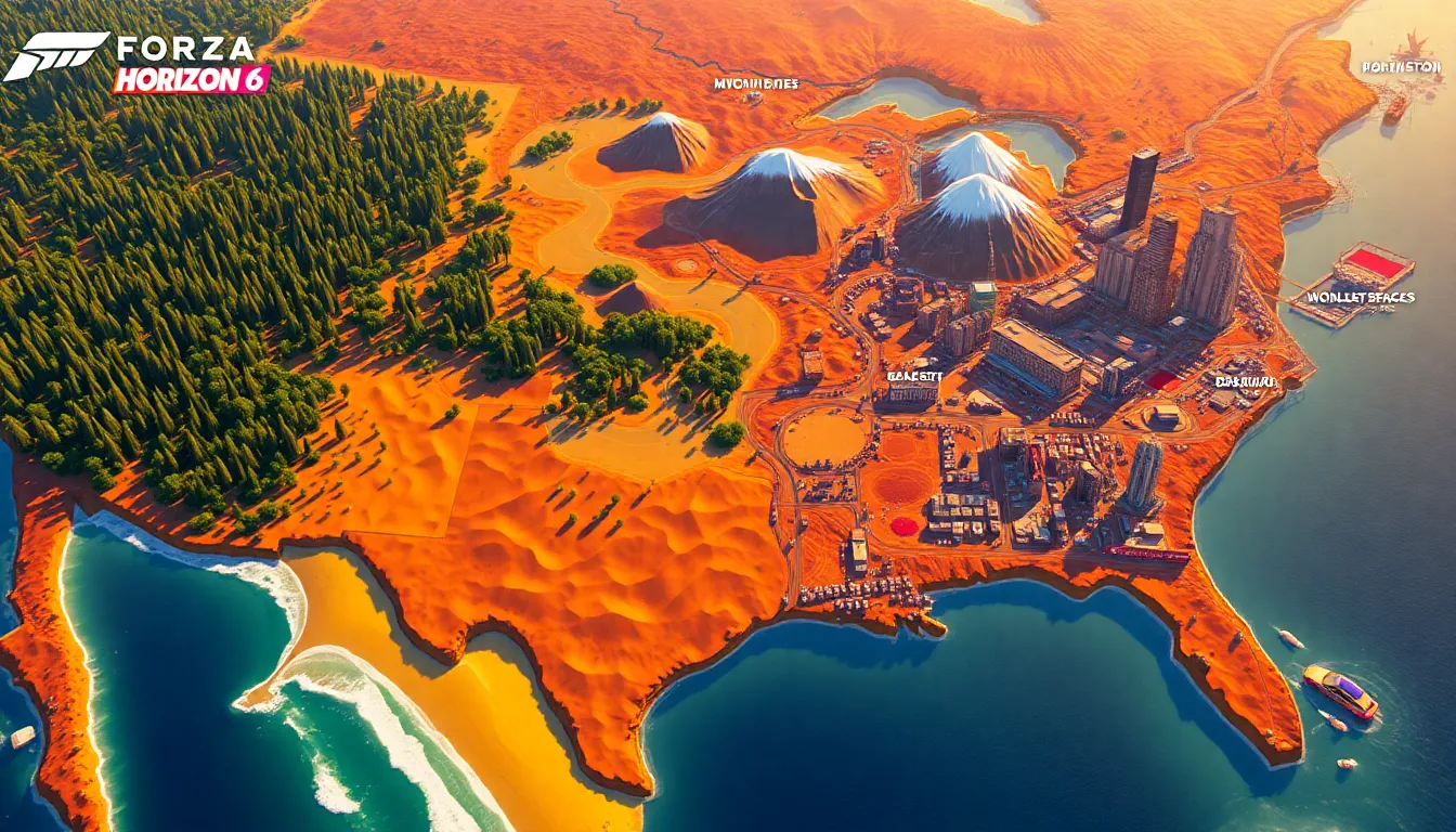 aerial view of diverse landscapes and cities on the Forza Horizon 6 map.