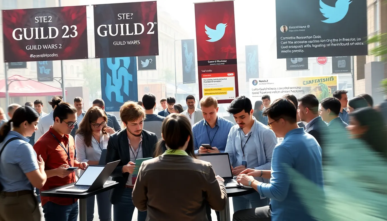 Guild Wars 2 players engaging in discussions on Twitter in a modern setting.