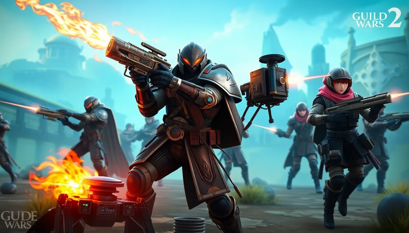 diverse gamers in a vibrant fantasy scene focused on Guild Wars 2 Engineers.