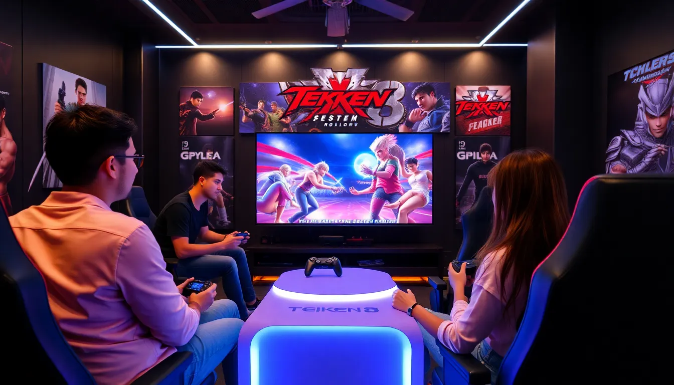 gamers enjoying Tekken 8 in a modern gaming lounge.