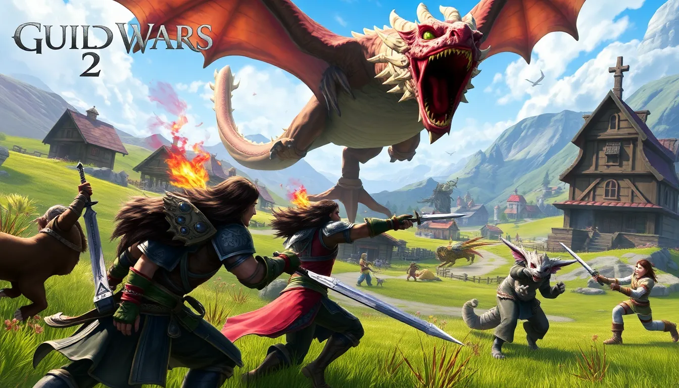 players defending a village from a dragon in Guild Wars 2.