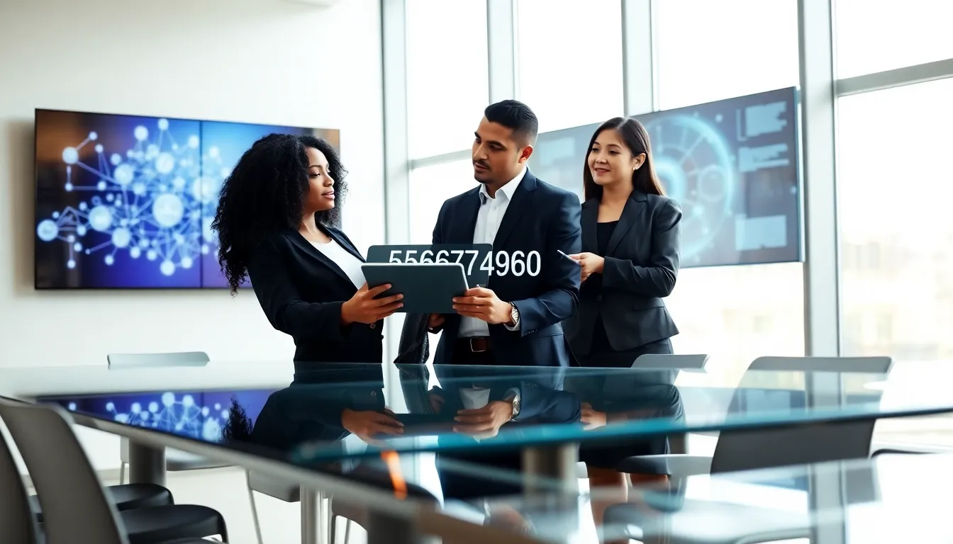 professionals discussing data in a modern office setting.