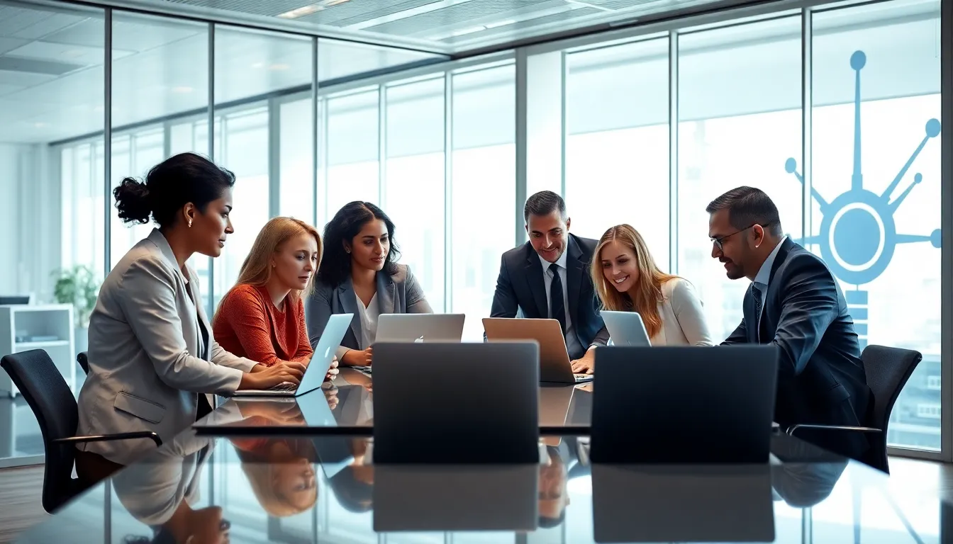 diverse professionals discussing technology in a modern office.