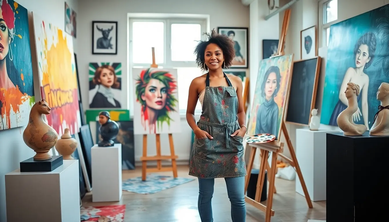 young artist Gabriella Durand in her modern art studio.